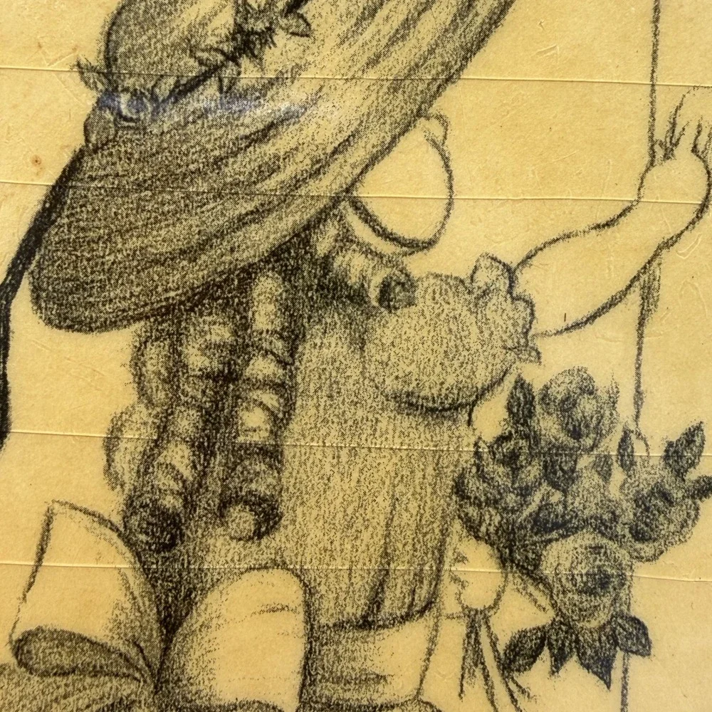 Vintage 1972 Ann Adams Wood Plaque Decoupage Girl in Sun‎ Hat Sketch Wall Art